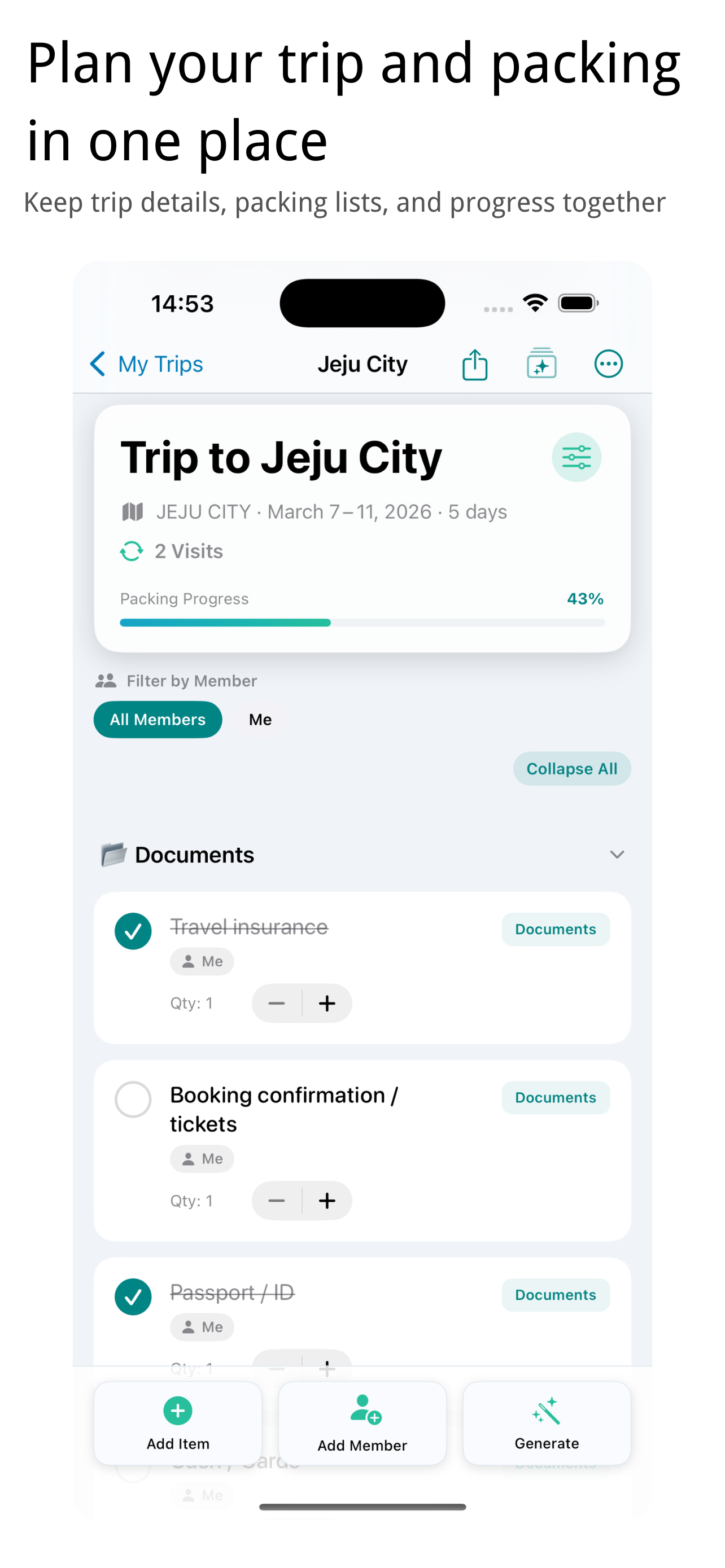PackingMate screenshot showing trip overview and packing progress