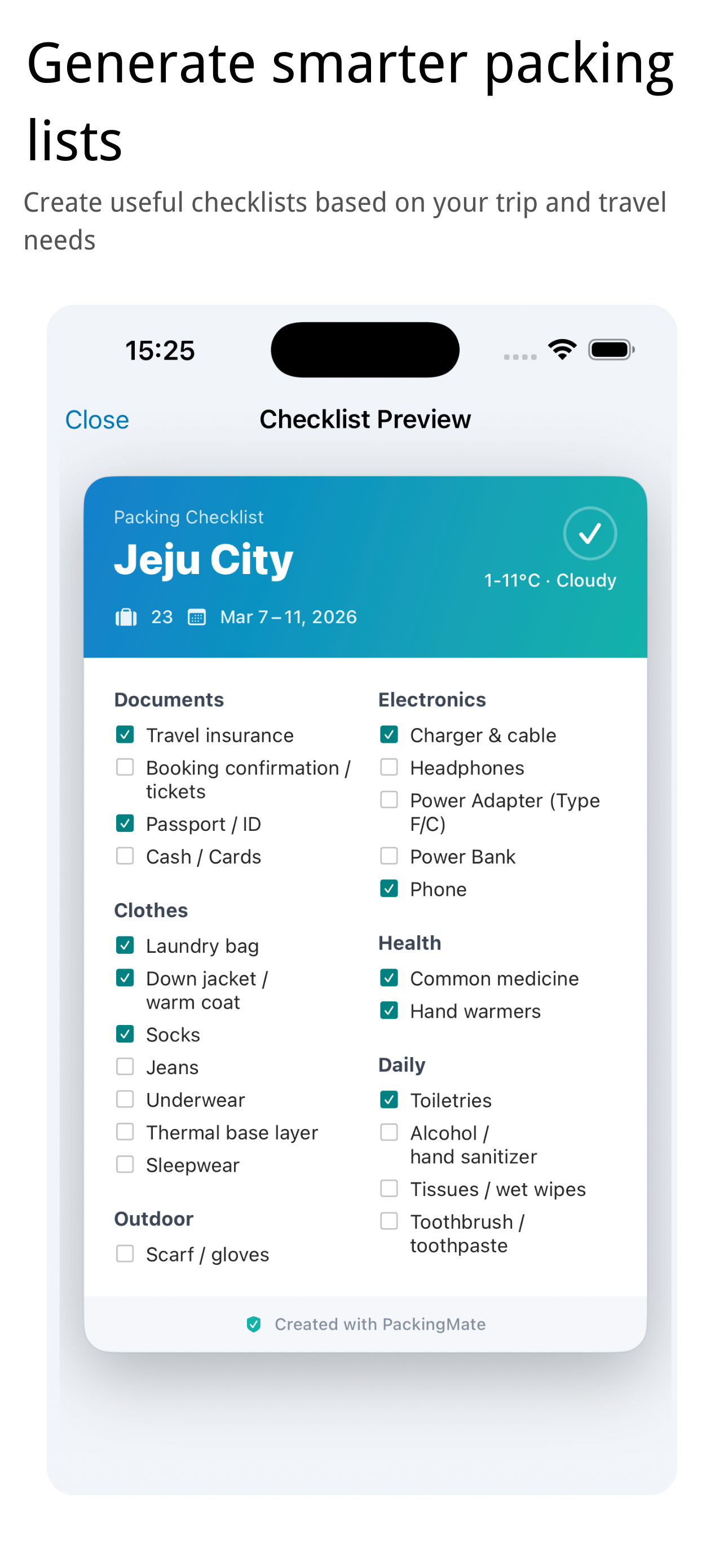 PackingMate screenshot showing smart checklist generation