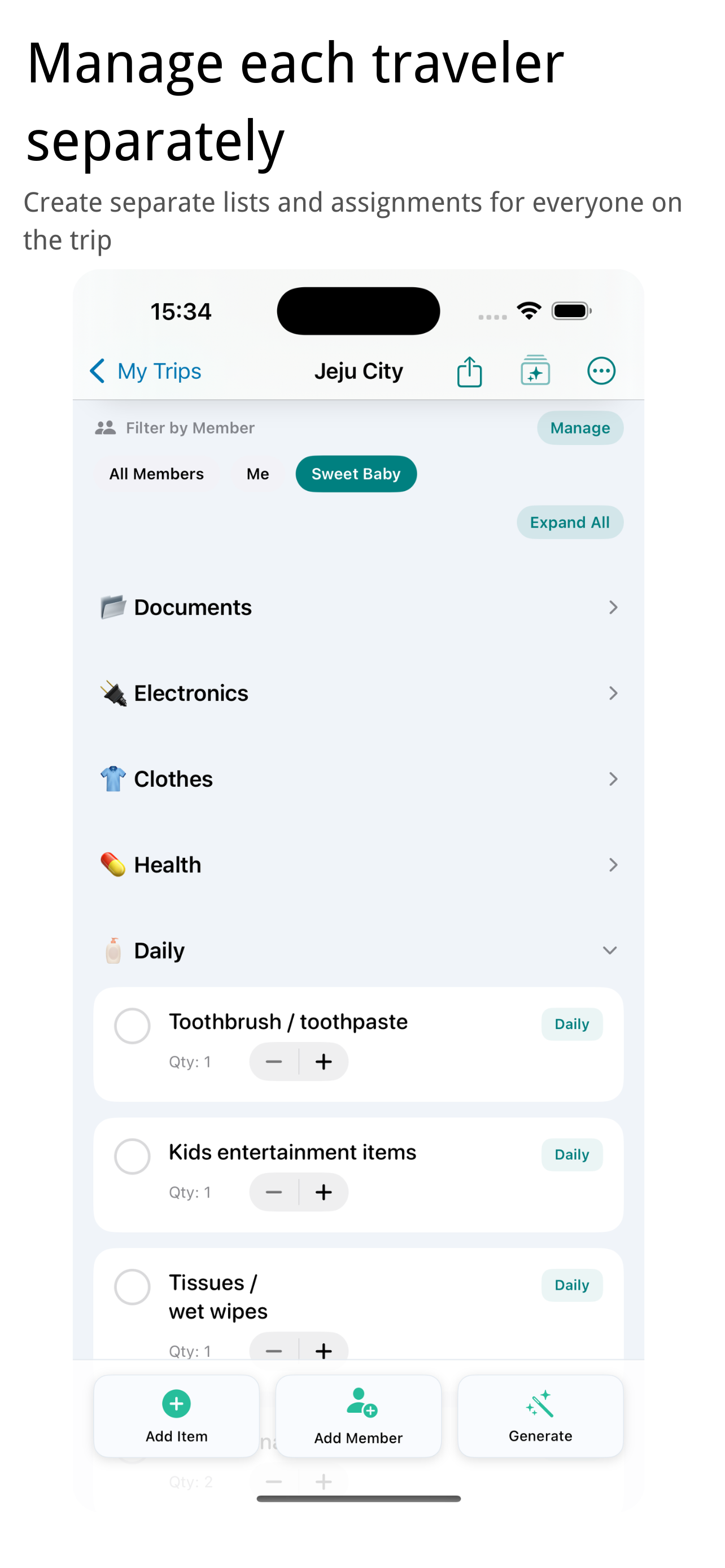 PackingMate screenshot showing traveler-specific packing lists