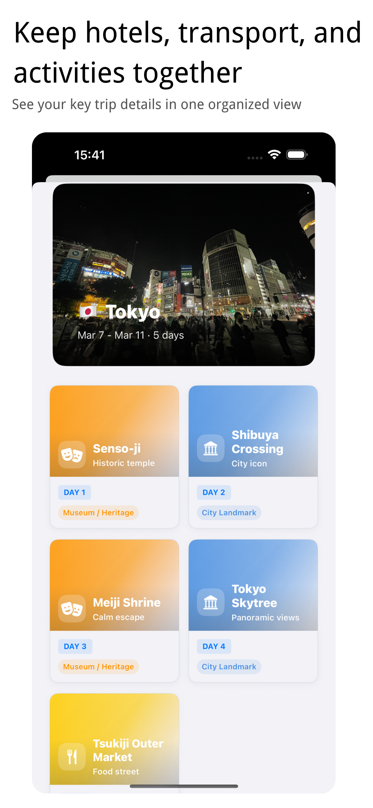 PackingMate screenshot showing hotels, transport, and activities view